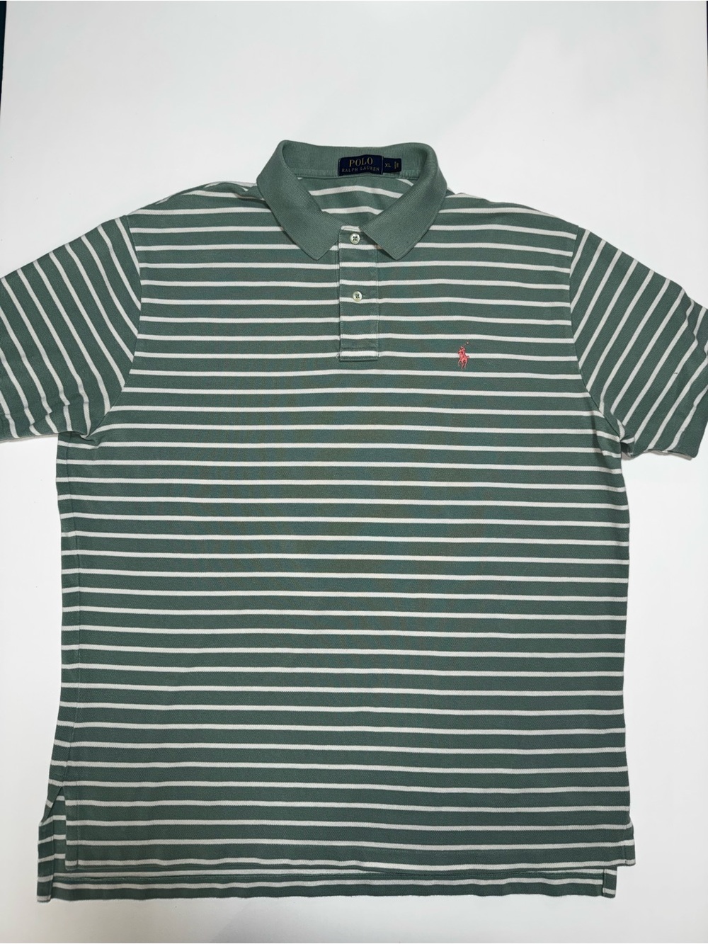 Ralph Lauren Green and White Striped Polo with Pink Pony, XL
